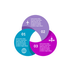 Three overlapping circles infographic. Venn diagram concept. Business presentation, chart, diagram, graph. 3 parts, options, steps or processes. Infographic design template. Vector illustration, flat.