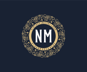 Wall Mural - Initial NM Antique retro luxury victorian calligraphic emblem logo with ornamental frame.