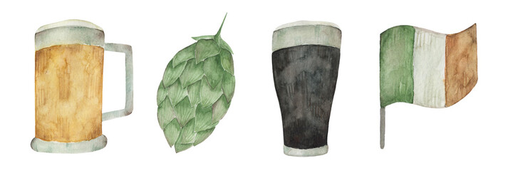 Set of watercolor elements for st patrick's day. Irish holiday. mug of light beer, pint of dark beer, hops, flag.