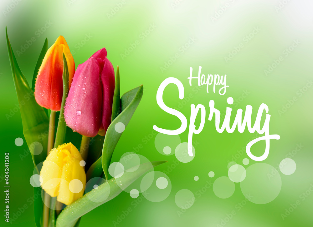 Happy Spring greeting card with colorful tulips stock images. Fresh ...