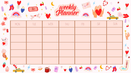 Wall Mural - Weekly or daily planner, to do list, note paper templates with cute love cartoon illustrations. School scheduler and organizer. Editable vector illustration