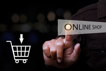 Businessman touching online shop button. e-commerce business online concept.