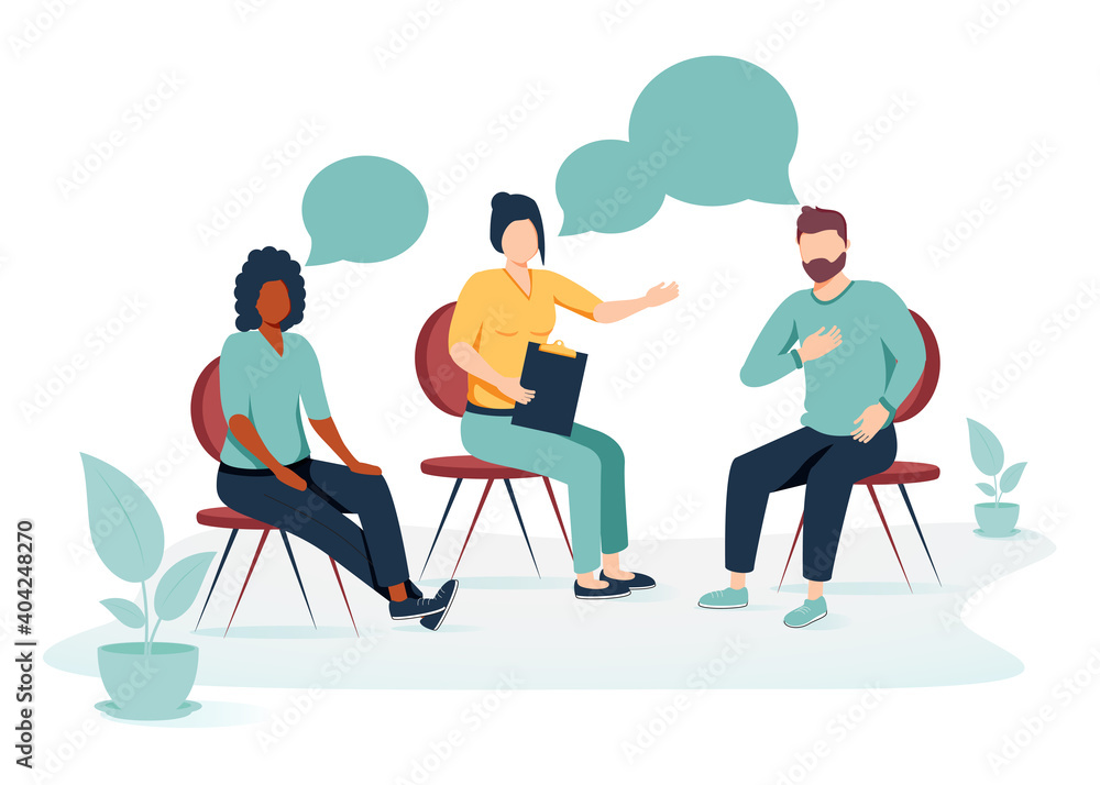 People suffering from problems, attending psychological support meeting. Patients sitting in circle, talking. Vector. - obrazy, fototapety, plakaty 
