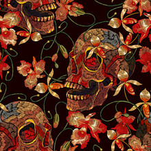 Embroidery Human Skull And Orchid Flowers. Dark Gothic Seamless Pattern. Tropical Concept. Medieval Style. Fashion Clothes Template And T-shirt Design