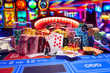 Fototapeta Zachód słońca - Casino set with Roulette, cards, dice and chips