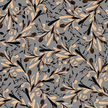 Beige, Brown, Black Abstract Branches On A Grey Background. Watercolor Seamless Pattern. Design For Cloth, Print, Wrapping.