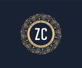 Wall Mural - Initial ZC Antique retro luxury victorian calligraphic emblem logo with ornamental frame.