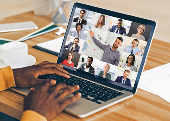 Sticker - African Businessman Sitting At Laptop Communicating With Colleagues Online Indoors