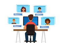 Video Conference. Man Sitting At Desktop Video Chatting With Friends Online. Virtual Meeting. Vector Iillustration For Remote Work Or E-learning.
