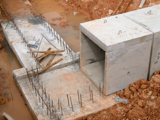 SELANGOR, MALAYSIA -JANUARY 19, 2020: Underground precast concrete box culvert drain under construction at the construction site. It is used to channel stormwater to the nearest monsoon drain. 