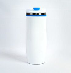 Thermal mugs white metal travel  with  blue  elements. On white background