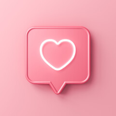 Poster - Sweet social media notification neon love like heart icon in pink speech bubble pin isolated on pink pastel color background with shadow minimal conceptual 3D rendering