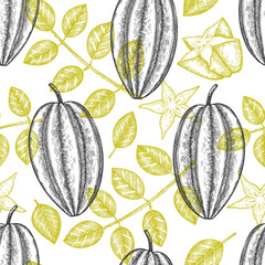 Hand drawn sketch style carambola seamless pattern. Organic fresh fruit vector illustration. Retro fruit background