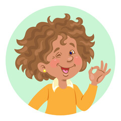 Sticker - Portrait of a dark-skinned little girl showing gesture okay. Avatar icon in cartoon style. Isolated on white background. OK sign. Vector flat illustration.