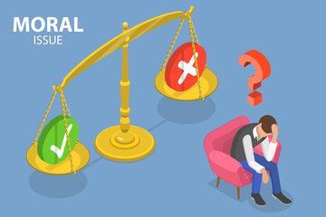 3D Isometric Flat Vector Conceptual Illustration of Moral Issue, Ethical Dilemma, Decision Making.