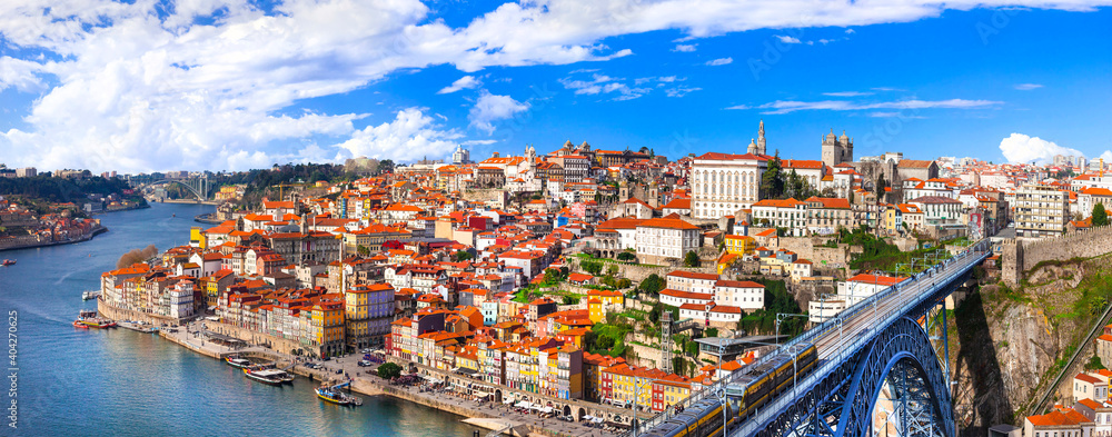 panorama of beautiful Porto - view with famous bridge of Luis, Portugal - obrazy, fototapety, plakaty 