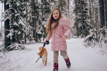 Happy family weekend - little cute girl in pink warm outwear walking having fun with red shiba inu dog in snowy white cold winter forest outdoors. Kids sport vacation activities concept.