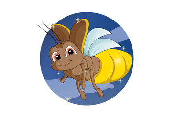 A little cute firefly brown eyed flying in the night sky, design animal cartoon vector illustration