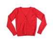 Red cardigan isolated on white, top view. Stylish school uniform