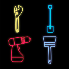 Wall Mural - Set of bright glowing multicolored construction industrial neon signs for shop workshop service center beautiful shiny with wrench brush screwdriver shovel on black background. illustration