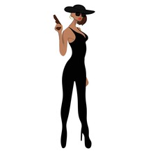 Abstract Portrait Of A Stylish Girl With A Pistol. Woman Gangster.Vector Isolated. White Background.