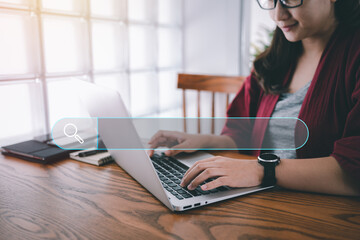 Aufkleber - Searching Browsing Internet Data Information with blank search bar.Search Engine Optimization SEO Networking Concept.hand of woman working with computer laptop on desk in office.