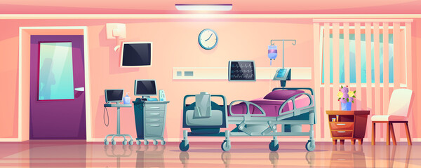 Wall Mural - Interior of hospital ward room, post-operation recovery bed and medical equipment cartoon design. Vector monitors for patient supervision, clinic furniture, dropper and clock, computer and folder