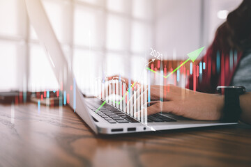 Poster - business finance technology and investment concept. Stock Market Investments Funds and Digital Assets. businesswoman analysing forex trading graph financial data. Business finance background.