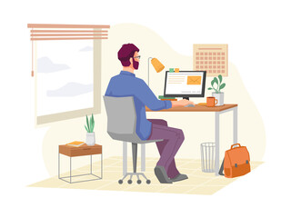 Wall Mural - Employee working from home, remote job using personal computer or laptop for tasks completion. Businessman at workplace with gadget, light and decoration. Cartoon character, vector in flat style