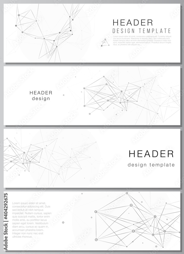 Vector layout of headers, banner templates for website footer design, horizontal flyer design, website header backgrounds. Gray technology background with connecting lines and dots. Network concept. - obrazy, fototapety, plakaty 