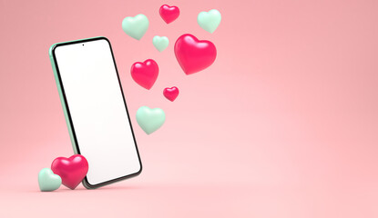 Wall Mural - Smartphone mockup with floating hearts and copyspace. Valentines day template in 3D rendering. Empty generic mobile phone blank screen template. 3D illustration