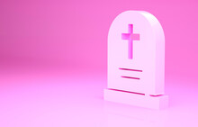Pink Tombstone With Cross Icon Isolated On Pink Background. Grave Icon. Happy Halloween Party. Minimalism Concept. 3d Illustration 3D Render.
