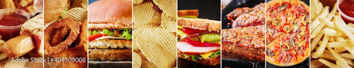 Unhealthy food collage. Various food product background, long banner © Alexander Borisenko