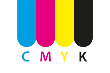 Wall Mural - Cmyk print icon. Four circles in cmyk colors symbols. Cyan, magenta, yellow, key, black wheels isolated on white background