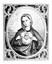 Hearth Of Virgin Mary. Christian Vintage Engraving Or Line Drawing Illustration.