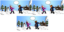 Vector Illustration Of Happy Children Playing Snowball Fight Together In The Snow.