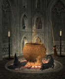 Fototapeta  - Boiling witch cauldron in a gothic crypt with a black cat