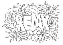 Relax Word With Floral Pattern Antistress Coloring Page For Adult In Doodle Sketch Style, Vector Illustration