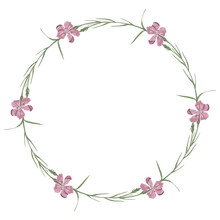 Round Floral Decor Or Frame. Wreath Of Wild Pink Carnation Flowers.