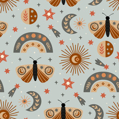 Wall Mural - seamless pattern with celestial moth, moon, rainbow