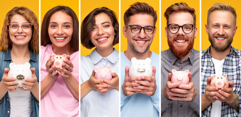 Wall Mural - Happy people with piggy banks