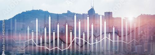 Fototapeta Financial growth chart graph diagram analysis big data trading investment concept. city view skyline website header banner double exposure.