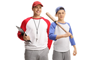 Poster - Baseball coach with a whistle and a clipboard and a teenae boy holding a bat