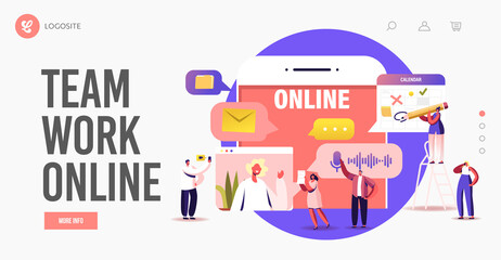 Wall Mural - business characters teamwork online landing page template. tiny employees speak on video call with r