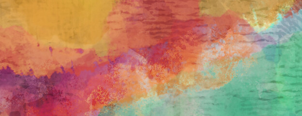 Abstract grunge background texture in colorful watercolor paint pattern, old green blue yellow orange purple red and maroon colors in bright fun design