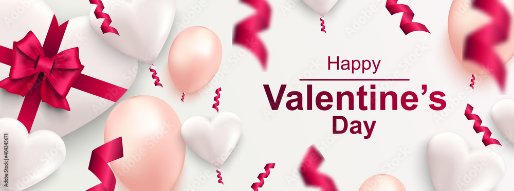 Happy Valentines day horizontal web banner. Realistic gift box with bow, heart, confetti and balloons. Banner for holiday poster, greeting cards, header, landing page, website. Vector illustration. - obrazy, fototapety, plakaty 