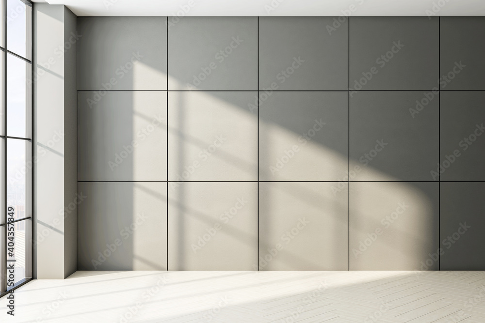 New concrete interior with empty wall tiles and sunlight. - obrazy, fototapety, plakaty 