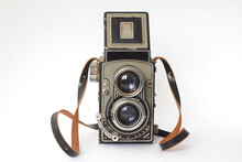 Vintage Twin Lens Reflex Camera With Open Viewfinder. Front View. Realistic Retro Design Of Medium Format Camera.