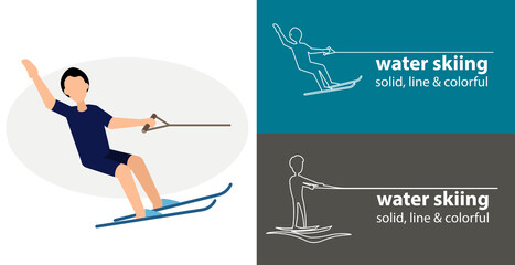 water skiing isolated vector flat icon. silhouette line solid design element