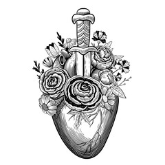 Wall Mural - Vintage illustration of heart pierced by dagger with flowers in tattoo engraving style. Black and white vector drawing.